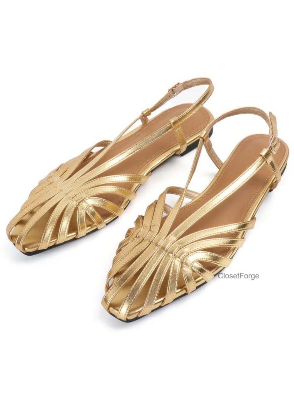 Slingback Flat Sandals Strappy Square Toe Adjustable Buckle Low Heeled Summer
